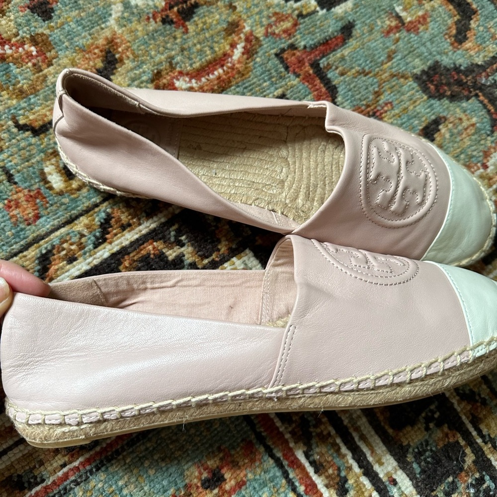 Tory Burch Seashell Pink and White Espadrille Flats